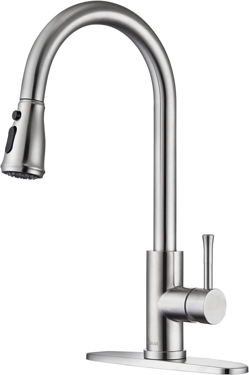 GUUKAR Kitchen Faucet with Pull Down Sprayer Brushed Nickel Stainless Steel Single Handle Modern Kitchen Sink Faucet with Deck Plate - Image 1