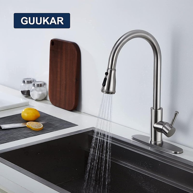 GUUKAR Kitchen Faucet with Pull Down Sprayer Brushed Nickel Stainless Steel Single Handle Modern Kitchen Sink Faucet with Deck Plate - Image 5