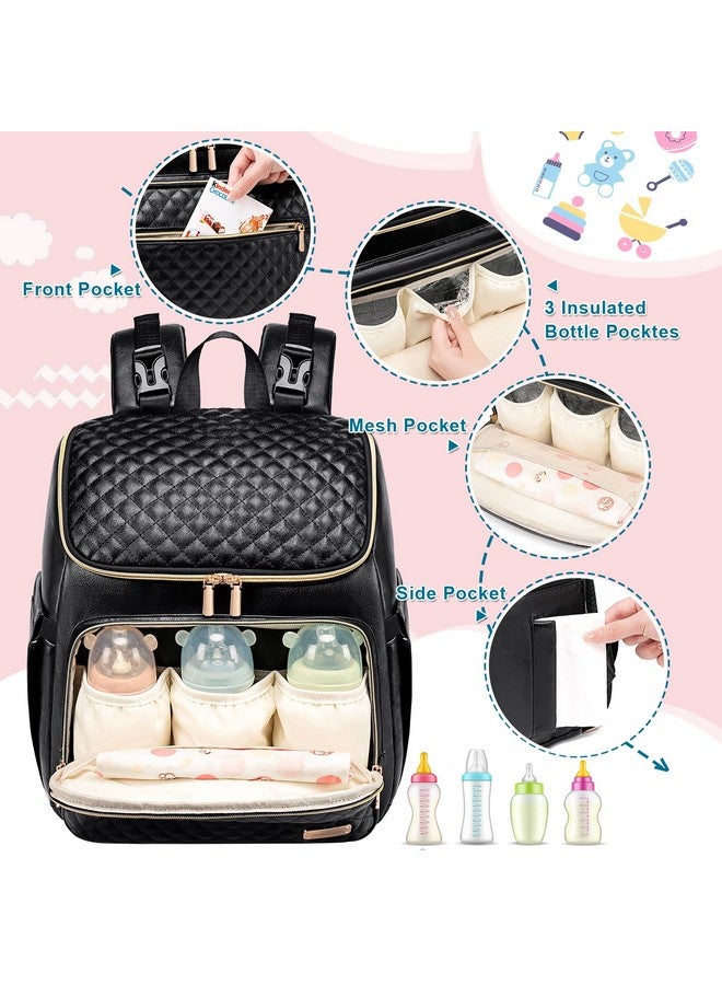 Weitars Diaper Bag Backpack Leather Baby Diaper Bag with Changing Pad Travel Diaper Backpack,Baby Bag for Mom,Stroller Straps,5 Insulated Pockets (Black Leather) - Image 3