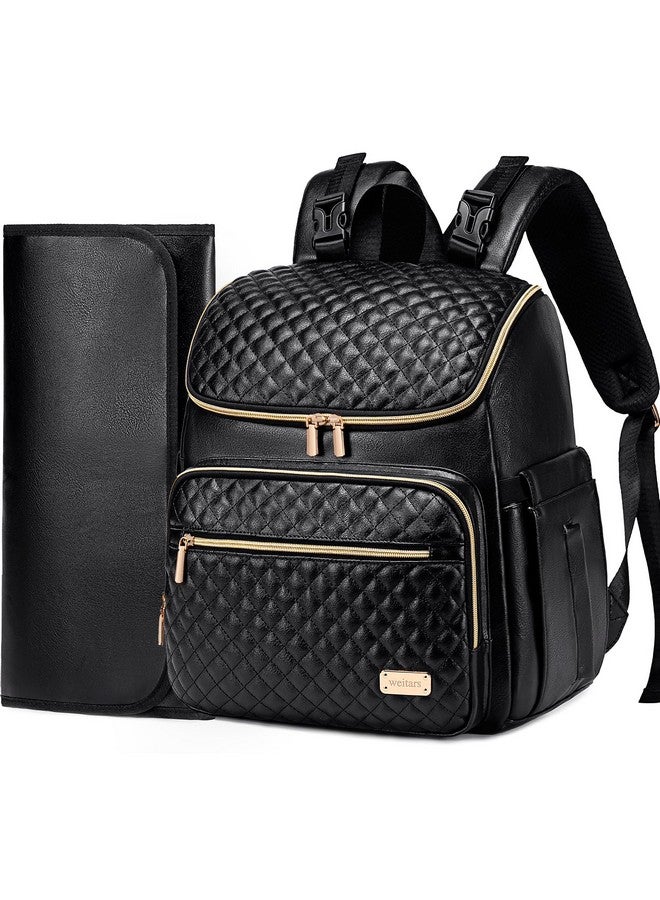 Weitars Diaper Bag Backpack Leather Baby Diaper Bag with Changing Pad Travel Diaper Backpack,Baby Bag for Mom,Stroller Straps,5 Insulated Pockets (Black Leather) - Image 1