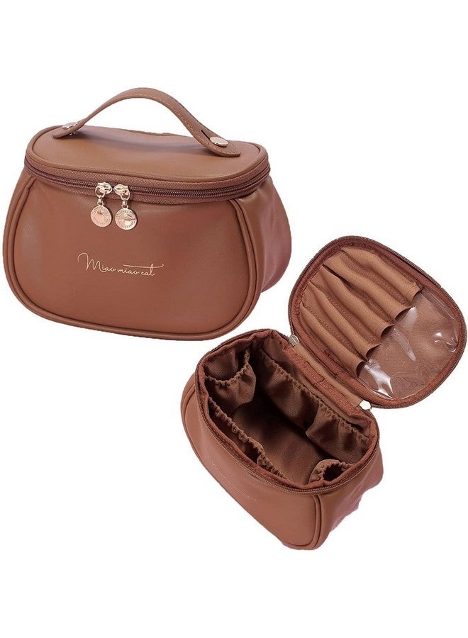 AJKN Makeup Bag Large Capacity Portable Travel Cosmetic Organizer with Handle & Dividers, Leather Toiletry Case for Women & Girls Brush Holder Storage Pouch Multicolor [ Pack of 1 ] - Image 1