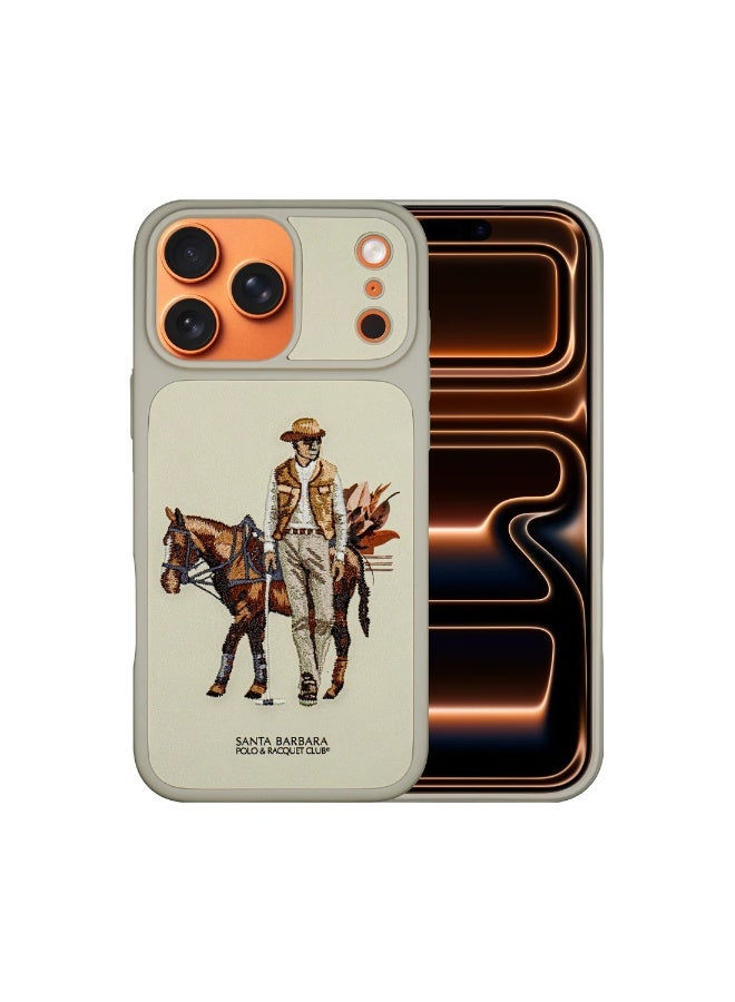 Polo Cedric Series Elegant Horse Embroidery Genuine Leather Back Case Cover for iPhone 17 Pro – Classic Premium Design, Shockproof Slim Fit Protective Cover – Biege - Image 1