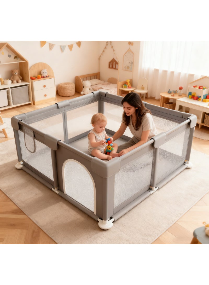 ساحة اللعب للأطفال 120x120 سم، ساحات لعب للأطفال الرضع والصغار، سياج لعب للأطفال للداخلية والخارجية، حديقة لعب آمنة متينة مع شبكة ناعمة وقابلة للتنفس، رمادي - Image 1