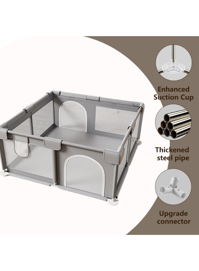 ساحة اللعب للأطفال 120x120 سم، ساحات لعب للأطفال الرضع والصغار، سياج لعب للأطفال للداخلية والخارجية، حديقة لعب آمنة متينة مع شبكة ناعمة وقابلة للتنفس، رمادي - Image 5