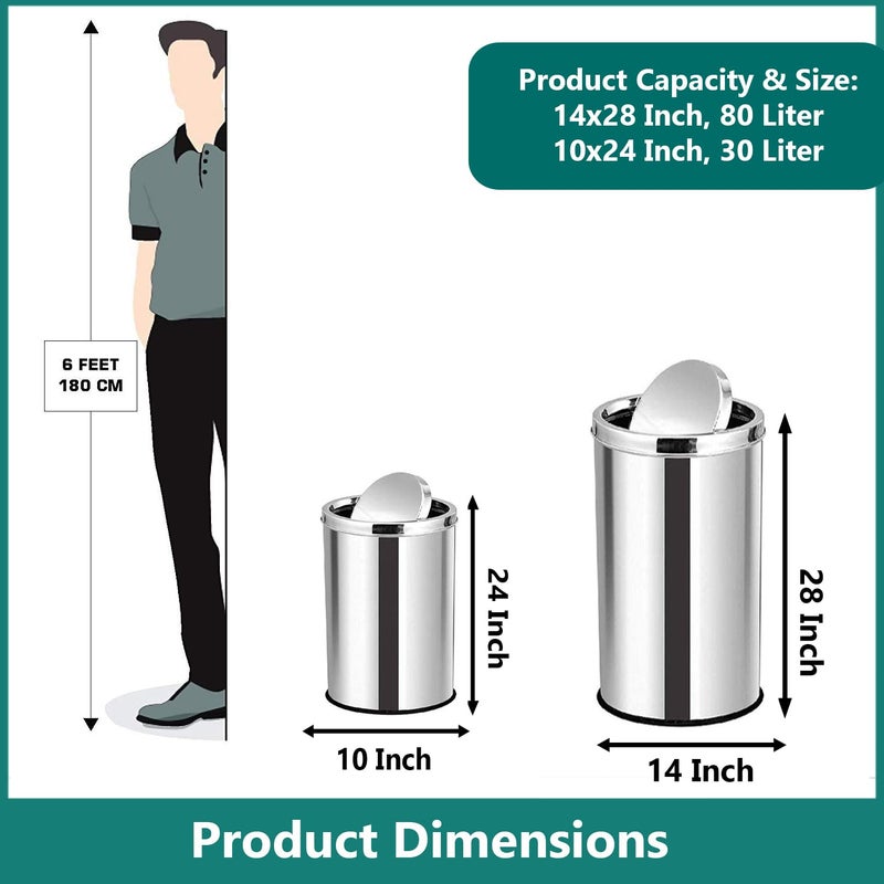 mofna mofna Stainless Steel Swing Type Dustbin Trash Can Garbage Bin Steel Waste Basket With Lid For Home Kitchen Office Size 10x24 Inch30 Liter 14x28 Inch 80 Liter Set of 2 Pcs  - Image 2