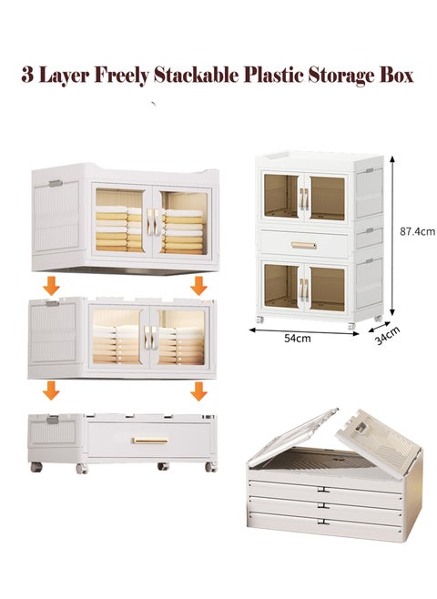 3 Layers Foldable Storage Box and Drawer,Extra Large Size Storage Bin with Lid Organizers Freely Stackable Storage Cabinet, Dust-proof Closet Organizers Double Door Magnetic with Universal Pulley