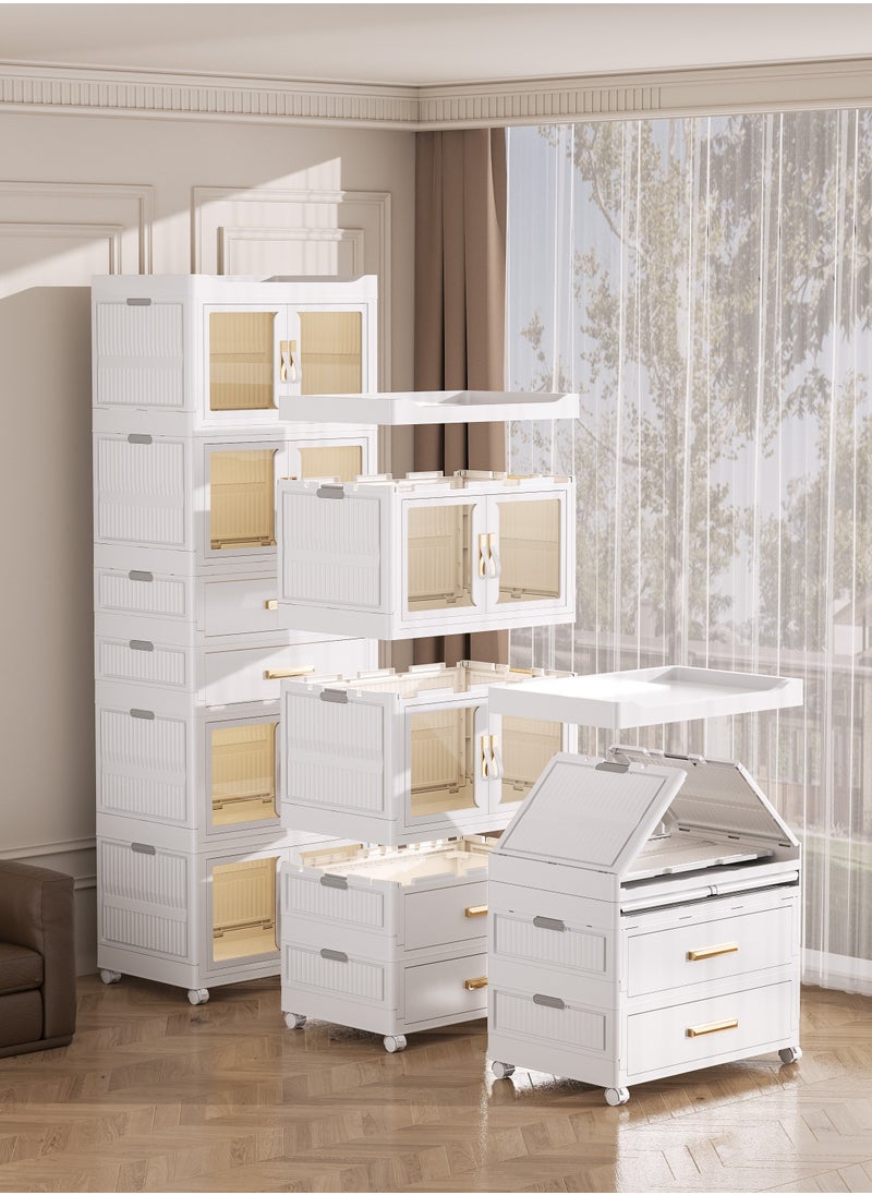 Old_Feller - 3 Layers Foldable Storage Box and Drawer,Extra Large Size Storage Bin with Lid Organizers Freely Stackable Storage Cabinet, Dust-proof Closet Organizers Double Door Magnetic with Universal Pulley - Image 1