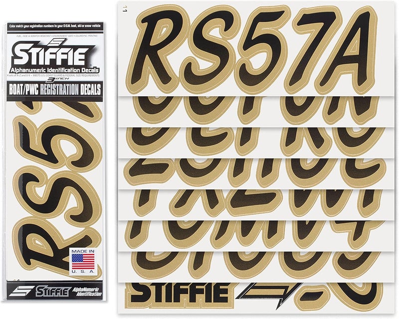 Stiffie Whipline Black/Metallic Gold 3" Boat & PWC Registration Decals • Numbers Letters Stickers - Image 2