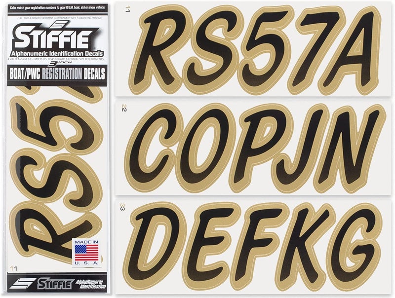 Stiffie Whipline Black/Metallic Gold 3" Boat & PWC Registration Decals • Numbers Letters Stickers - Image 1