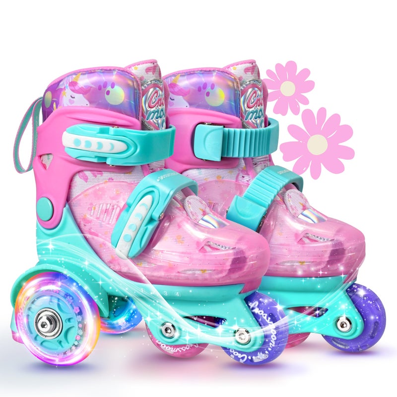 crossmoon Unicorn Toddler Roller Skates, 4 Adjustable Sizes, Fun Light-Up Wheels, Safety Three-Point Type, Breathable Upper, Beginner Roller Skates for Kids, Boys & Girls (Mint Whimsy, XS-Small(6.5C-9C US)) - Image 1