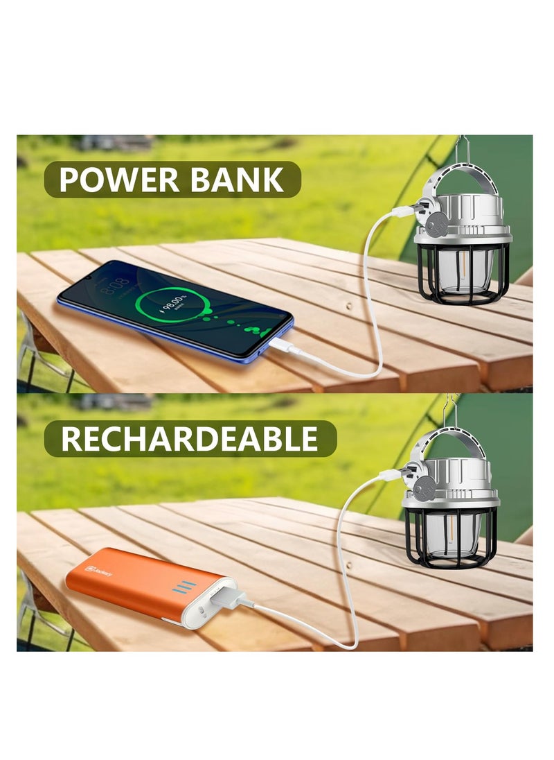 فانوس تخييم LED 300LM قابل لإعادة الشحن، بنك طاقة 2400 مللي أمبير، كابل USB، 6 أوضاع إضاءة متضمنة مع وضعين لمصدر الضوء، مصباح يدوي للمشي لمسافات طويلة والتخييم وانقطاع التيار الكهربائي