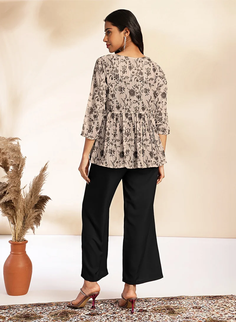 kolaba Black Crepe Solid Printed Top 3Pc Set