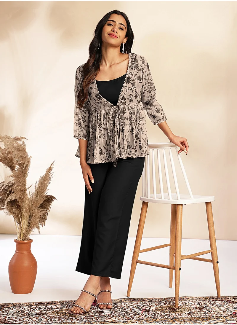 كولابا Black Crepe Solid Printed Top 3Pc Set