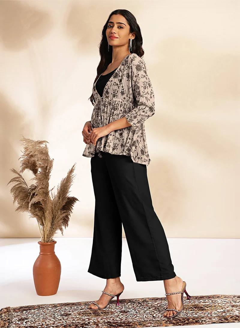 kolaba Black Crepe Solid Printed Top 3Pc Set