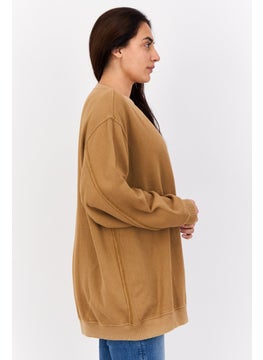 Aerie Women Crew Neck Long Sleeves Plain Sweatshirts, Tan  - Image 2