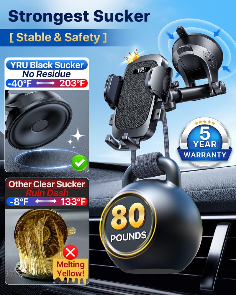 YRU [True Upgrade for Safety] Car Phone Holder Mount [Patent & Military-Grade] Dashboard Cell Phone Holder for Car Vent Windshield Phone Stand for iPhone 17 16 15 14 13 Pro Max Truck Samsung, Black - Image 2