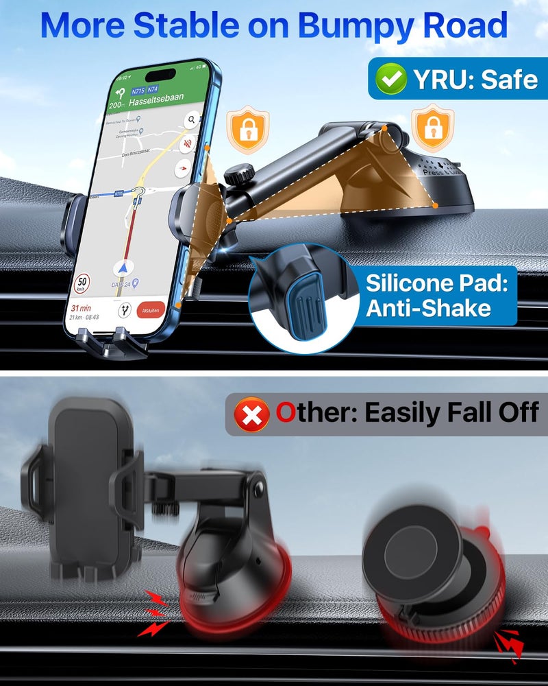 YRU [True Upgrade for Safety] Car Phone Holder Mount [Patent & Military-Grade] Dashboard Cell Phone Holder for Car Vent Windshield Phone Stand for iPhone 17 16 15 14 13 Pro Max Truck Samsung, Black - Image 3