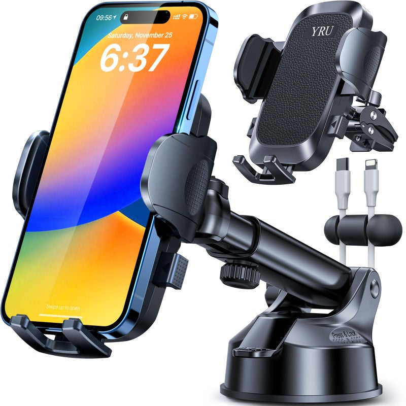 YRU [True Upgrade for Safety] Car Phone Holder Mount [Patent & Military-Grade] Dashboard Cell Phone Holder for Car Vent Windshield Phone Stand for iPhone 17 16 15 14 13 Pro Max Truck Samsung, Black - Image 1