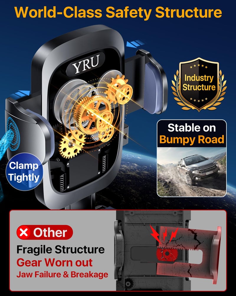 YRU [True Upgrade for Safety] Car Phone Holder Mount [Patent & Military-Grade] Dashboard Cell Phone Holder for Car Vent Windshield Phone Stand for iPhone 17 16 15 14 13 Pro Max Truck Samsung, Black - Image 4