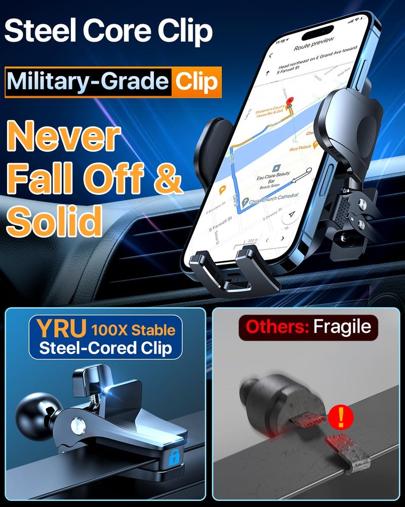 YRU [True Upgrade for Safety] Car Phone Holder Mount [Patent & Military-Grade] Dashboard Cell Phone Holder for Car Vent Windshield Phone Stand for iPhone 17 16 15 14 13 Pro Max Truck Samsung, Black - Image 5