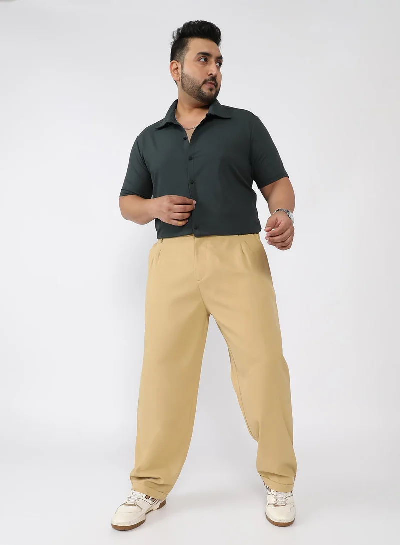 Instafab Plus  Men Pleated-Twill Tailored Trousers | Mid-Rise , Side Elasticated Stretch | Button Closure , Cuffed-Straight Hem | Solid Twill | Woven Fabric For Casual & Office Wear | Buff Beige for Men | Best Price UAE