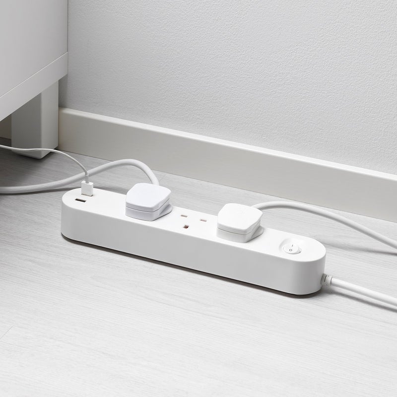 كوبلا مشترك كهرباء بثلاثة مآخذ ومنفذي USB ومفتاح تشغيل، أبيض، ٣ م - Image 2
