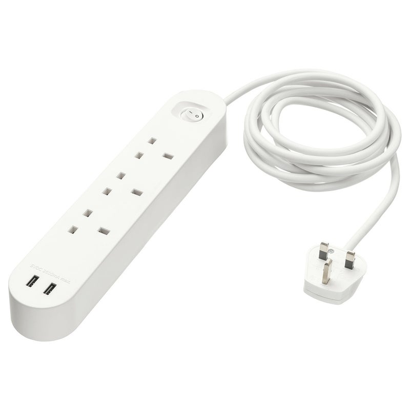 كوبلا مشترك كهرباء بثلاثة مآخذ ومنفذي USB ومفتاح تشغيل، أبيض، ٣ م - Image 1