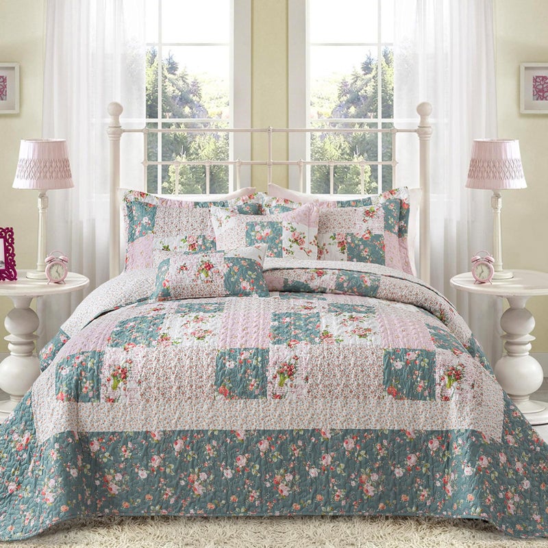 BEDIFANY French Style King Size Quilt Set for Farmhouse - 3 Pieces Cotton Filling Garden Lightweight Bedspreads King with Floral Pattern - All Season Quilt Bedding Sets for Decorations - Image 1