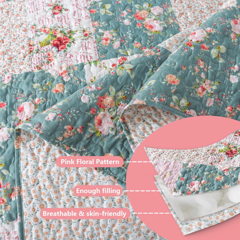 BEDIFANY French Style King Size Quilt Set for Farmhouse - 3 Pieces Cotton Filling Garden Lightweight Bedspreads King with Floral Pattern - All Season Quilt Bedding Sets for Decorations - Image 4