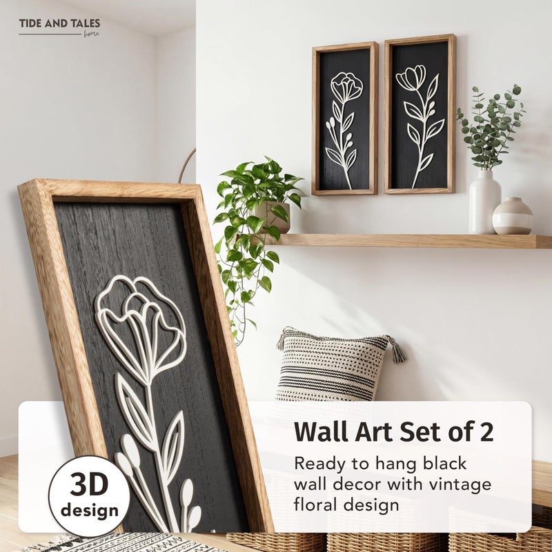 Tide and Tales 3D Vintage Black Living Room Decor (Set of 2) Lightweight, Wooden Ready-to-Hang Framed Moody Floral Wall Art for Bathroom, Bedroom or Office - Dark Textured Boho Farmhouse Wall Decor - Gift-Boxed - Image 2