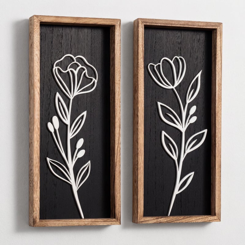 Tide and Tales 3D Vintage Black Living Room Decor (Set of 2) Lightweight, Wooden Ready-to-Hang Framed Moody Floral Wall Art for Bathroom, Bedroom or Office - Dark Textured Boho Farmhouse Wall Decor - Gift-Boxed - Image 1