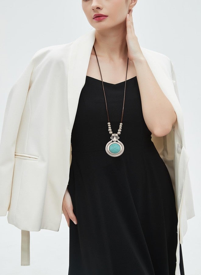 joymiao Chunky Necklace for Women Bohemian Long Leather Rope Necklace with Silver Turquoise Pendant Hippie Statement Jewelry - Image 2