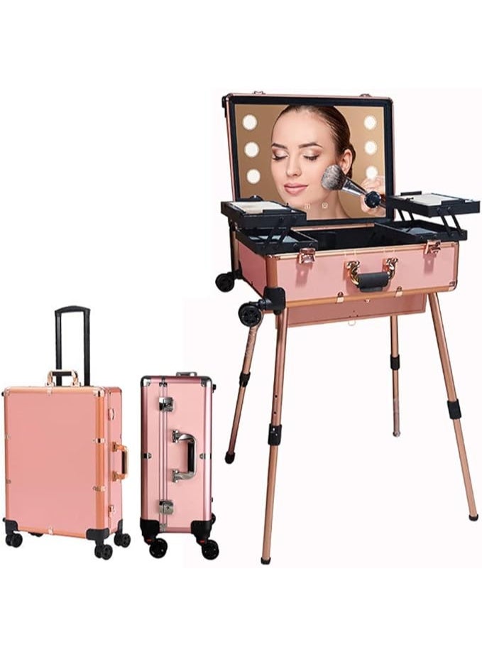 حقيبة حامل أدوات المكياج، حقيبة أدوات التجميل بعجلات، حقيبة مكياج قابلة للفصل بأربع عجلات مع 6 مصابيح LED قابلة للتعديل ومرآة وأرجل لعربة صالون الفنان - Image 1