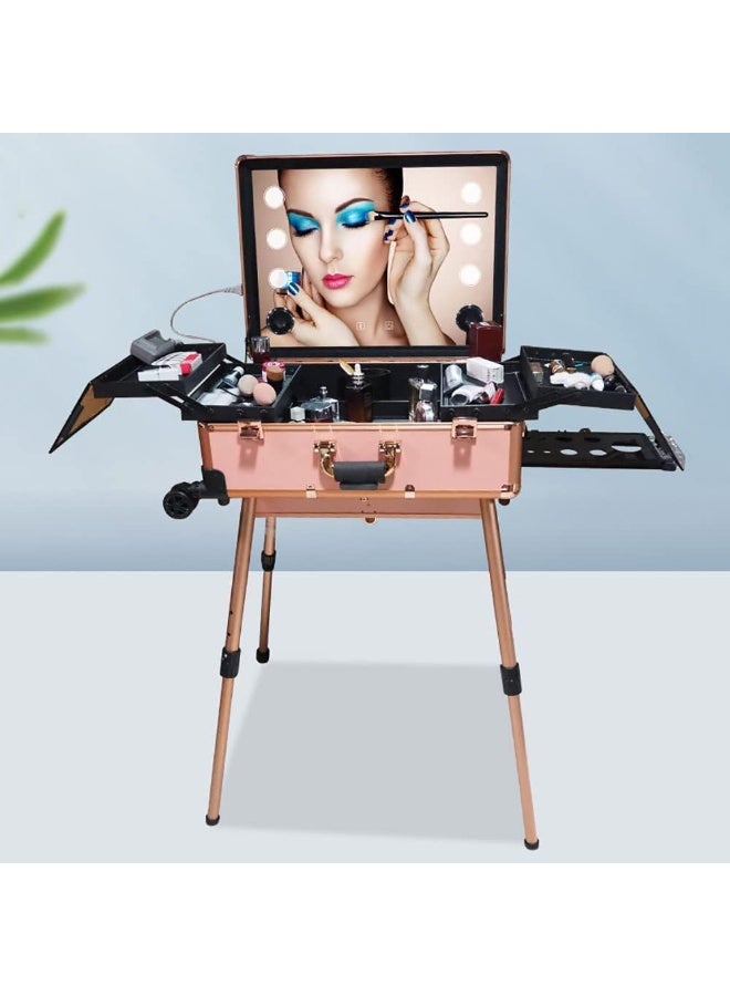 حقيبة حامل أدوات المكياج، حقيبة أدوات التجميل بعجلات، حقيبة مكياج قابلة للفصل بأربع عجلات مع 6 مصابيح LED قابلة للتعديل ومرآة وأرجل لعربة صالون الفنان - Image 2