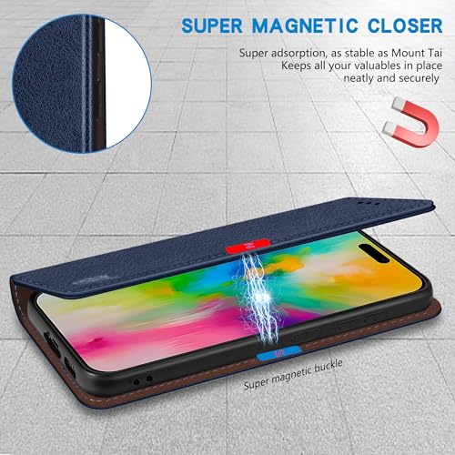 ZZXX for iPhone 16 Pro Max Wallet Case with [RFID Blocking] Card Slot Stand Strong Magnetic Leather Flip Fold Protective Phone Case for iPhone 16 Pro Max Case Wallet(Blue-6.9 inch) - Image 3