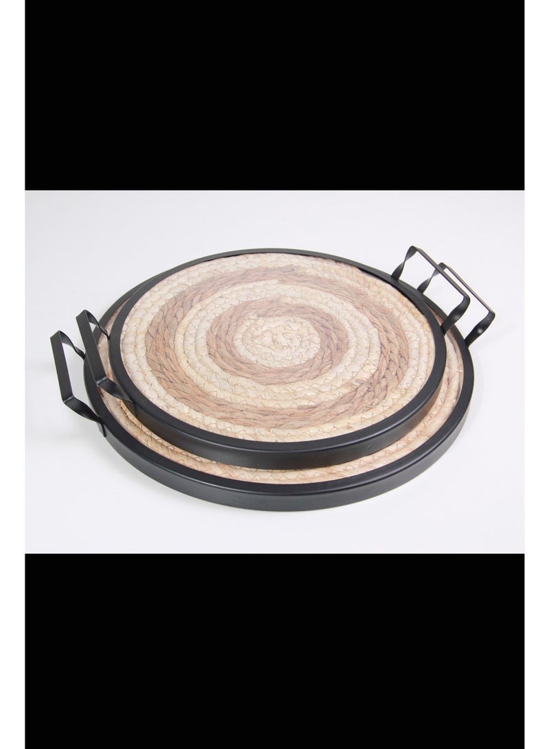 Elegant round serving tray set made of natural wicker and metal frame  - Image 4