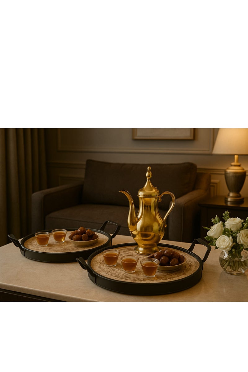 Elegant round serving tray set made of natural wicker and metal frame  - Image 3