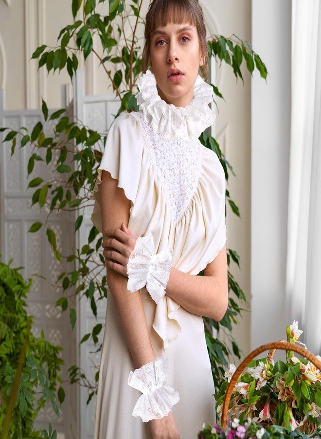 Parma77 Vintage Victorian Style White Lace Wrist Cuffs with Bow, Ruffled Wedding Costume Accessory - Image 5