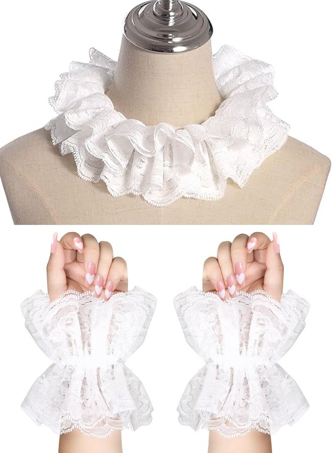 Parma77 Vintage Victorian Style White Lace Wrist Cuffs with Bow, Ruffled Wedding Costume Accessory - Image 1