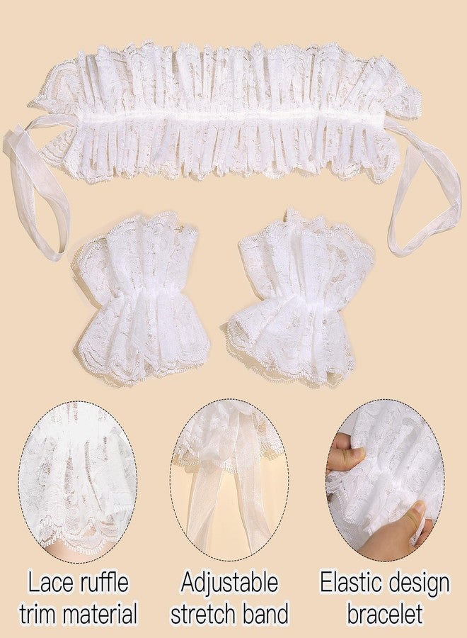Parma77 Vintage Victorian Style White Lace Wrist Cuffs with Bow, Ruffled Wedding Costume Accessory - Image 3