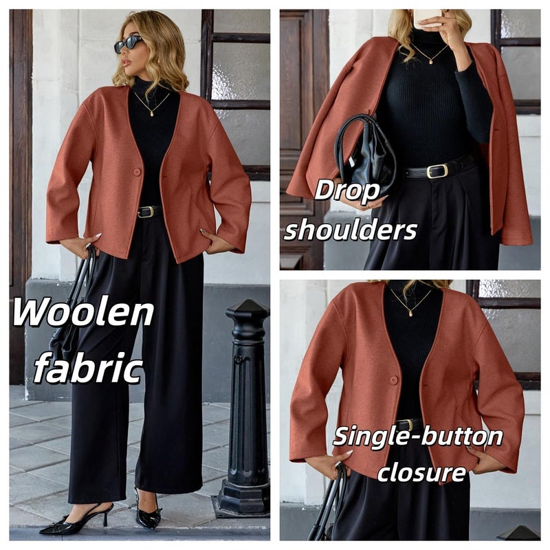 HOTIAN Women Cropped Wool Blend Coats Long Sleeve Coat Jacket Peacoat Fall Winter Outwear Overcoat - Image 3