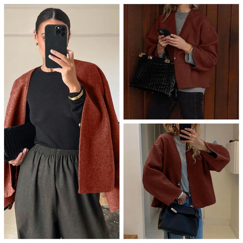 HOTIAN Women Cropped Wool Blend Coats Long Sleeve Coat Jacket Peacoat Fall Winter Outwear Overcoat - Image 5