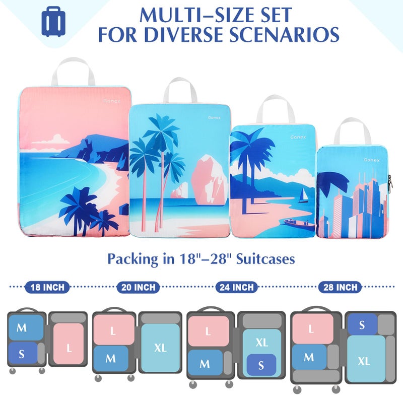 Gonex Compression Packing Cubes, 4pcs Expandable Storage Travel Luggage Bags Organizers, Travel Cubes for Suitcase Carry On (Coconut Palm) - Image 2