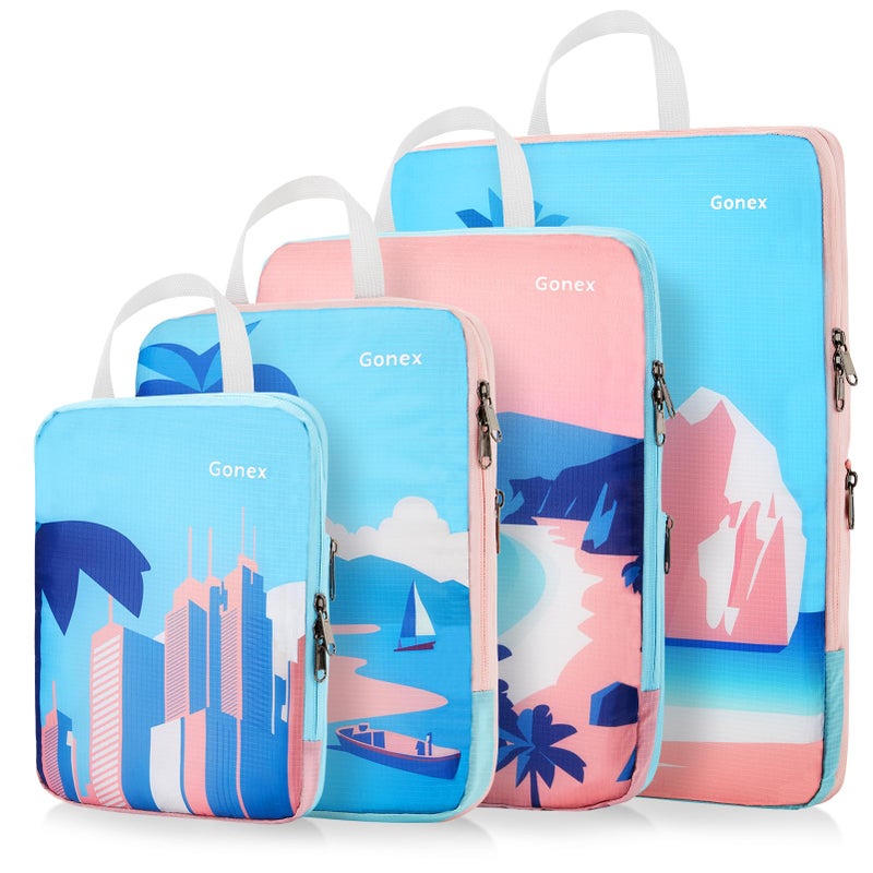 Gonex Compression Packing Cubes, 4pcs Expandable Storage Travel Luggage Bags Organizers, Travel Cubes for Suitcase Carry On (Coconut Palm) - Image 1