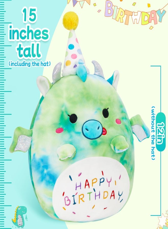 BSTAOFY 15'' Cute Happy Birthday Dinosaur Soft Plush Pillow Green Dinosaur Birthday Stuffed Animal Gifts for Boys Girls Baby Kids - Image 2