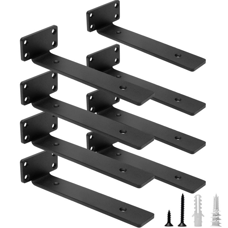HITOMEN Heavy Duty Floating Shelf Brackets 8Inch 15 Thick Hidden Shelves Hardware Iron L Brackets Rustic Industrial Black Metal Wall Shelving Supports 8 Pack