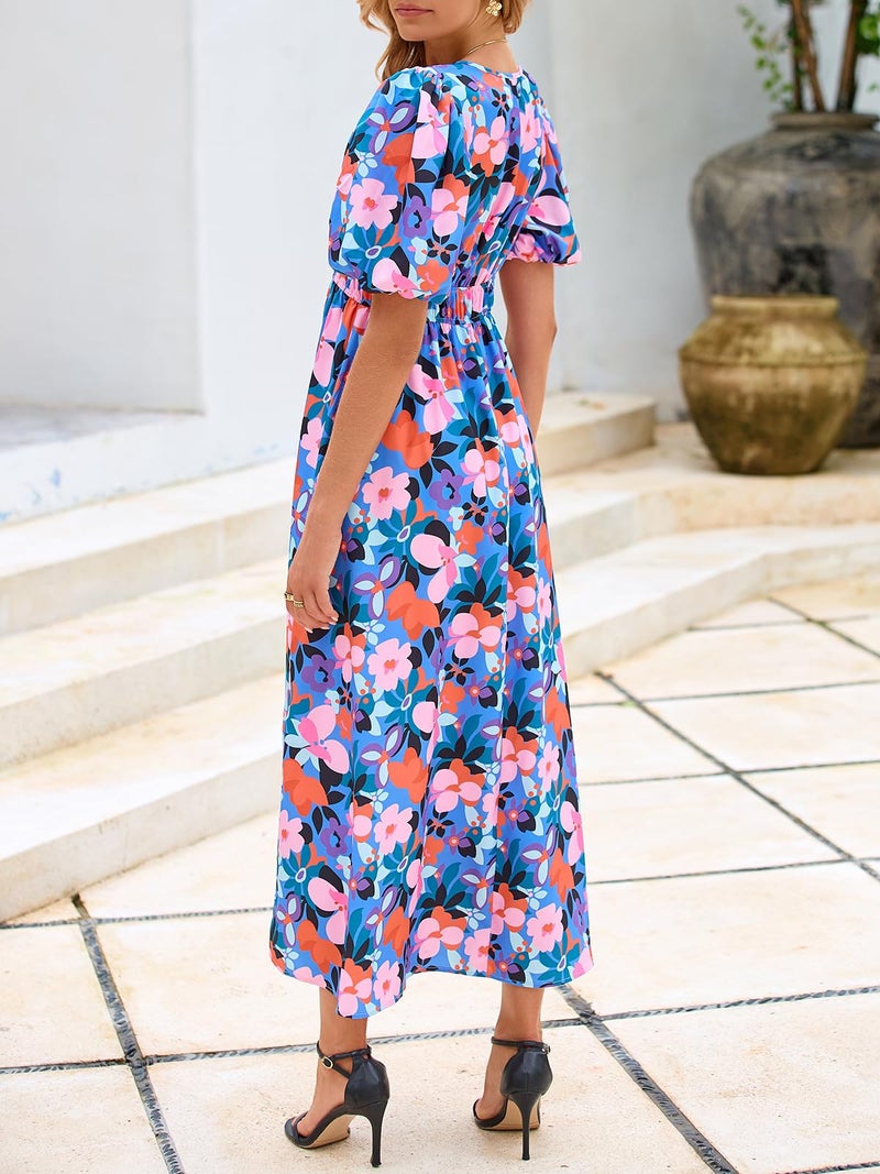 Maxigerui Women's Summer Floral Maxi Dress Spring Wedding Guest Dress 2026 Blue Pink Floral XL - Image 5