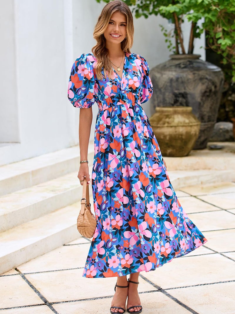 Maxigerui Women's Summer Floral Maxi Dress Spring Wedding Guest Dress 2026 Blue Pink Floral XL - Image 3