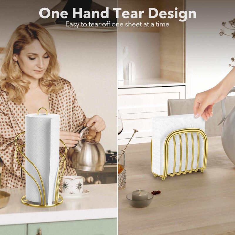 Wuwrll Paper Towel Holder Countertop, Stainless Steel Paper Towel Roll Holder and Paper Napkinholder Set, Standing Paper Towel Roll Holder Stand with Weighted Base Suction Cups (Gold) - Image 4