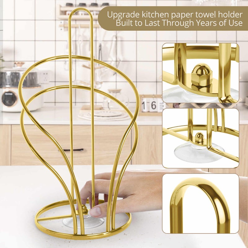 Wuwrll Paper Towel Holder Countertop, Stainless Steel Paper Towel Roll Holder and Paper Napkinholder Set, Standing Paper Towel Roll Holder Stand with Weighted Base Suction Cups (Gold) - Image 3